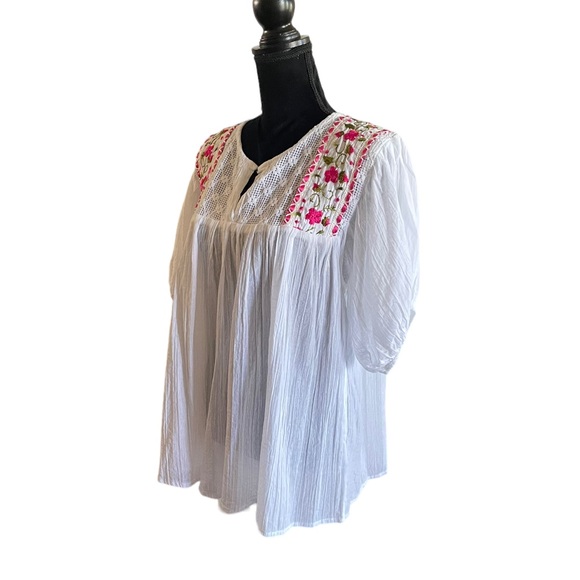 Bohemian shortsleeve white embroidered pheasant pullover festival top size large - Picture 10 of 13
